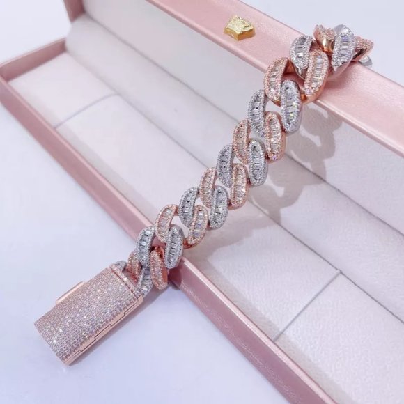 Iced Out Two-Tone Rosegold VVS Baguette Moissanite diamond Cuban Link Bracelet - Picture 2 of 5